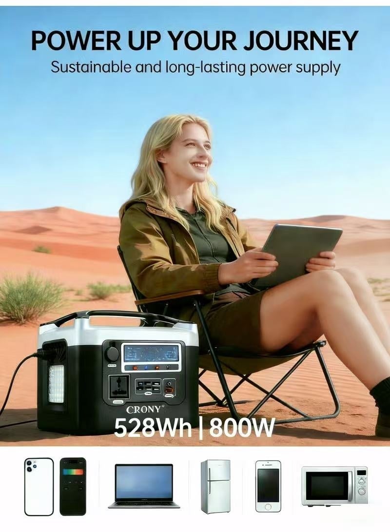 Crony BS800+  800W Portable Power Station 528Wh - Fast Charging 7-8H, Multi-Port Output (1xAC 220V/USB-C/5xUSB-A/3xDC/Cigarette Lighter), LED Lamp & LCD Screen, 4-in-1 Safety Protection, Suitable for Outdoor Camping, RV Travel, Home Emergency Outages, Drone Photography & Small Appliance Power Supply - Image 2